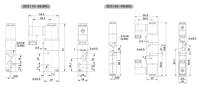符号 型号命名 举例 预订购接管口径为G1/8",标准电压为AC220V(50/60Hz)的单电控常通型3ES1系列电磁阀,其正确的订购代码为: 3ES110-06-NO-D-AC220V 特点 1.适用工作范围大 2.换向压力大 3.换向速度快 4.使用寿命长 5.单电控采用活塞式内部气压复位,可靠性高 外形与安装尺寸